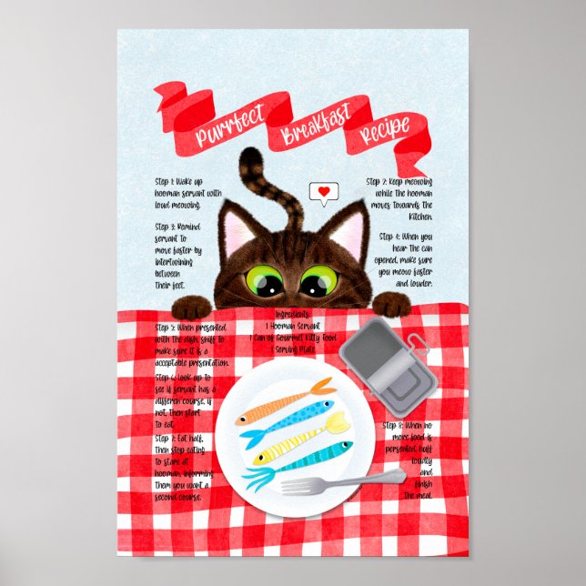 Cute Funny Tabby Cat Breakfast Recipe Poster (Front)