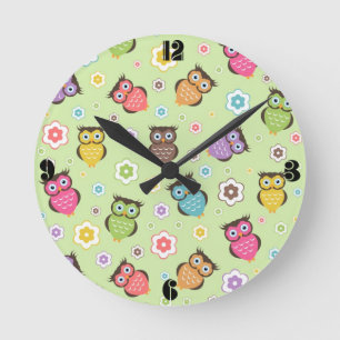 Cute funny trendy owls and flowers pattern round clock