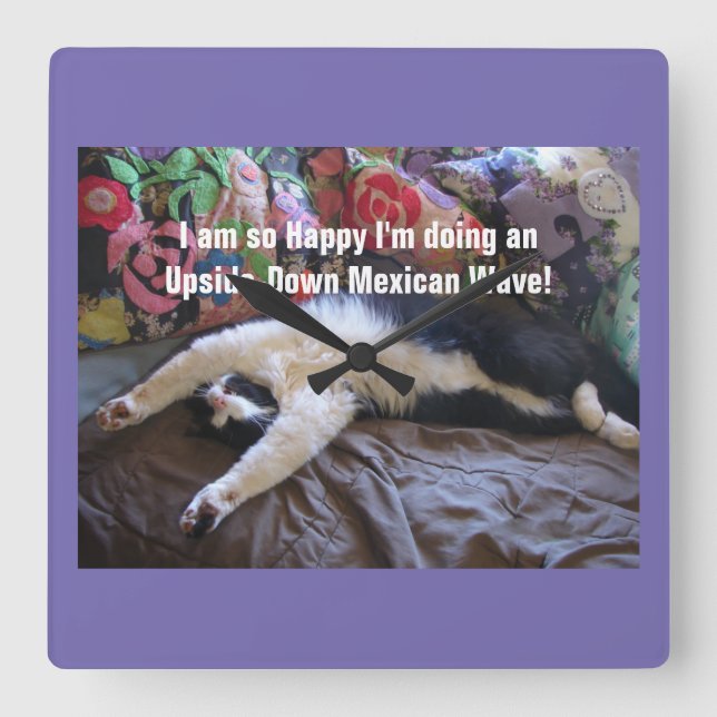 Cute Funny Tuxedo Cat Mexican Wave cats Square Wall Clock (Front)