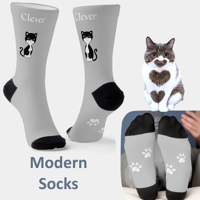 Cute Funny Tuxedo Cat & Paws on Light Grey Socks (Creator Uploaded)