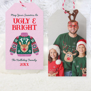 Cute Funny Ugly Sweater Reindeer Family Photo Gift Tags