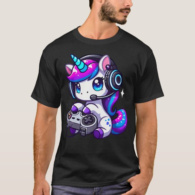Cute Funny Unicorn Wearing Headphones Playing Vide T-Shirt (Front)