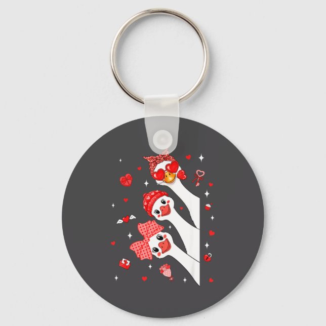 Cute Funny Valentine Silly Gooses Heart Love Match Key Ring (Front)