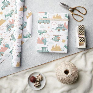 Cute funny vehicles and animals. Kids baby pattern Wrapping Paper