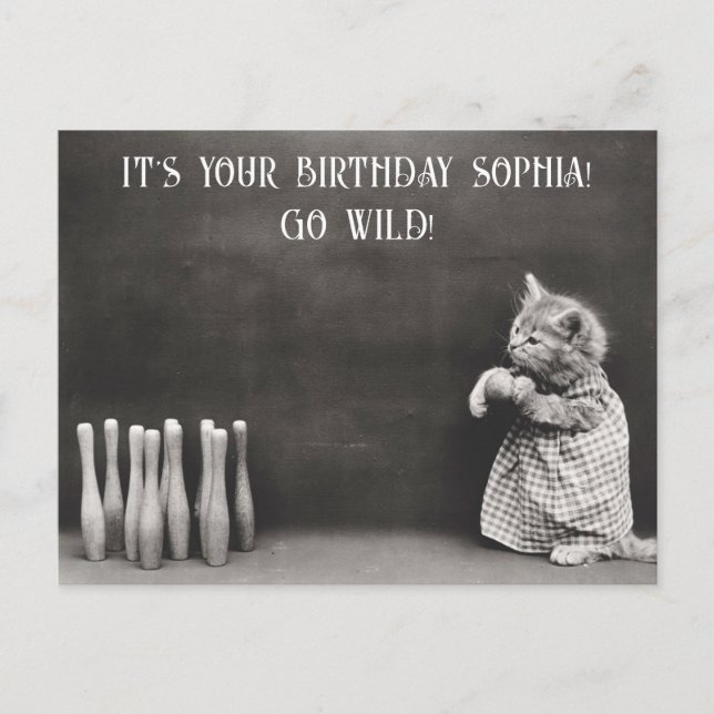 Cute Funny Vintage Cat Birthday Bowling Postcard (Front)