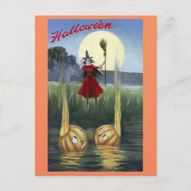 Cute Funny Vintage Halloween Witch Pumpkin Postcard (Front)