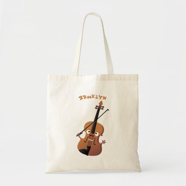 Cute funny violin musical cartoon character tote bag (Front)