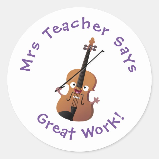 Cute funny violin musical cartoon teacher award  classic round sticker (Front)