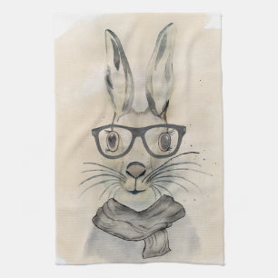 Cute funny watercolor bunny with glasses and scarf tea towel