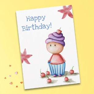 Cute Funny Watercolor Cupcake Girl Birthday Card