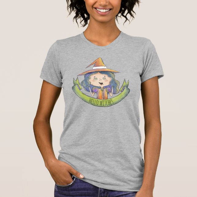 Cute Funny Watercolor Hello Witches T-Shirt (Front)
