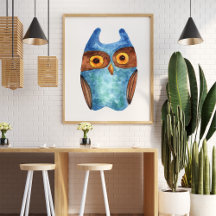 Cute funny watercolor owl blue brown