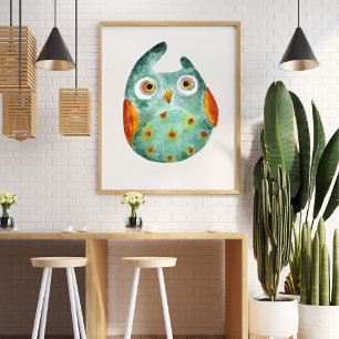 Cute funny watercolor owl green orange poster