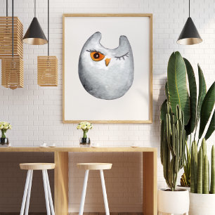 Cute funny watercolor owl grey poster