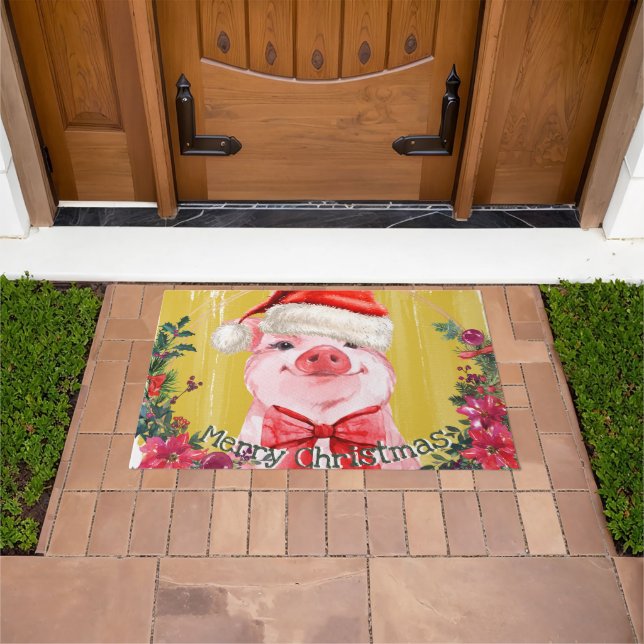 Cute Funny Watercolor Piglet Merry Christmas Pig Doormat (Outdoor)