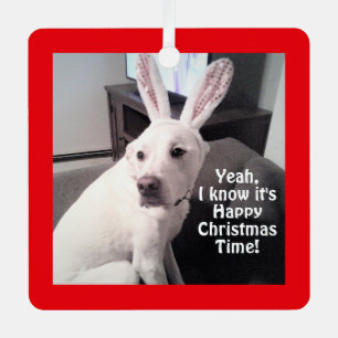 Cute funny White Dog Wearing Bunny Ears Christmas Metal Tree Decoration