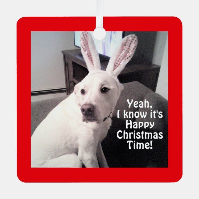 Cute funny White Dog Wearing Bunny Ears Christmas Metal Tree Decoration (Front)