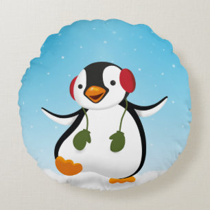 Cute Funny Winter Penguin Round Cushion