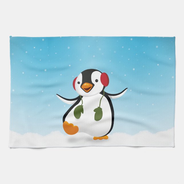Cute Funny Winter Penguin Tea Towel (Horizontal)