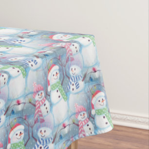 Cute Funny Winter Season Snowmen Watercolor Art Tablecloth