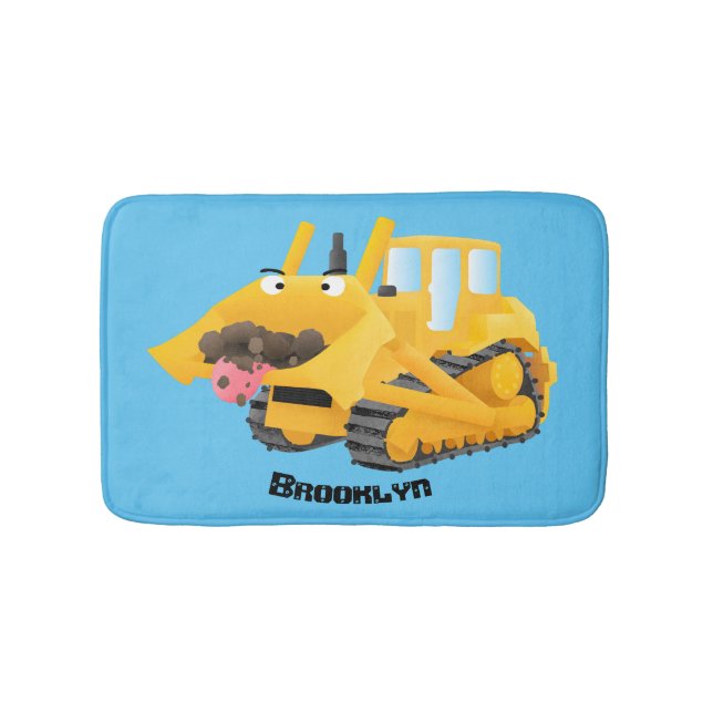 Cute funny yellow bulldozer cartoon character bath mat (Front)