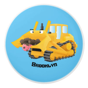 Cute funny yellow bulldozer cartoon character ceramic knob