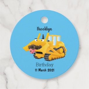 Cute funny yellow bulldozer cartoon character favour tags