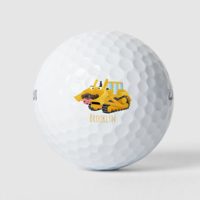 Cute funny yellow bulldozer cartoon character golf balls (Front)