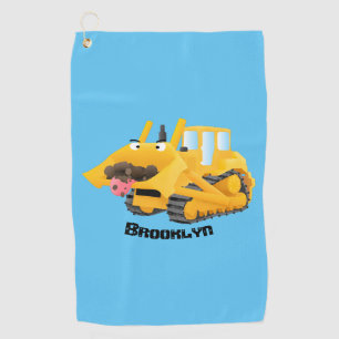 Cute funny yellow bulldozer cartoon character  golf towel