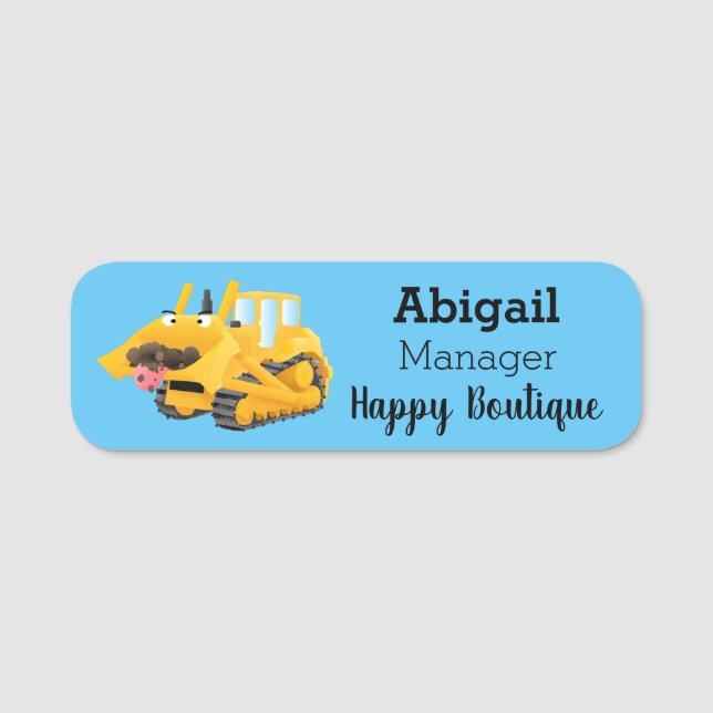Cute funny yellow bulldozer cartoon character name tag (Front)