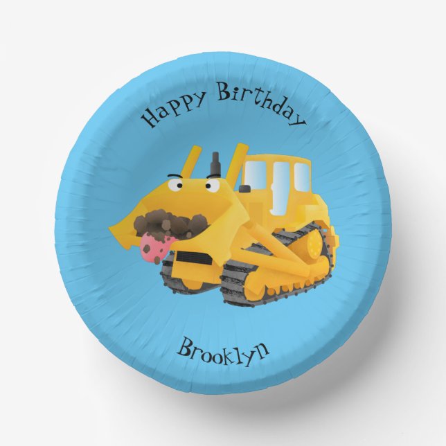 Cute funny yellow bulldozer cartoon character paper plate (Front)