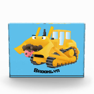 Cute funny yellow bulldozer cartoon character photo block