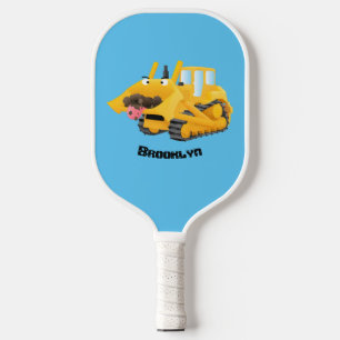 Cute funny yellow bulldozer cartoon character pickleball paddle