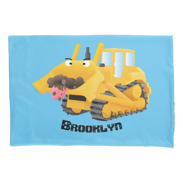 Cute funny yellow bulldozer cartoon character pillowcase (Front)