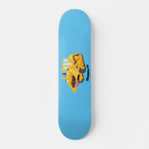 Cute funny yellow bulldozer cartoon character  skateboard