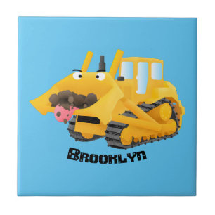 Cute funny yellow bulldozer cartoon character tile