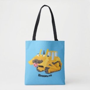 Cute funny yellow bulldozer cartoon character tote bag