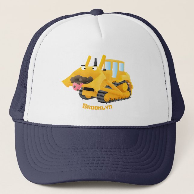 Cute funny yellow bulldozer cartoon character  trucker hat (Front)