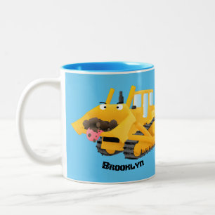 Cute funny yellow bulldozer cartoon character Two-Tone coffee mug