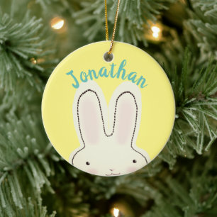 Cute funny yellow bunny cartoon personalised kids ceramic tree decoration