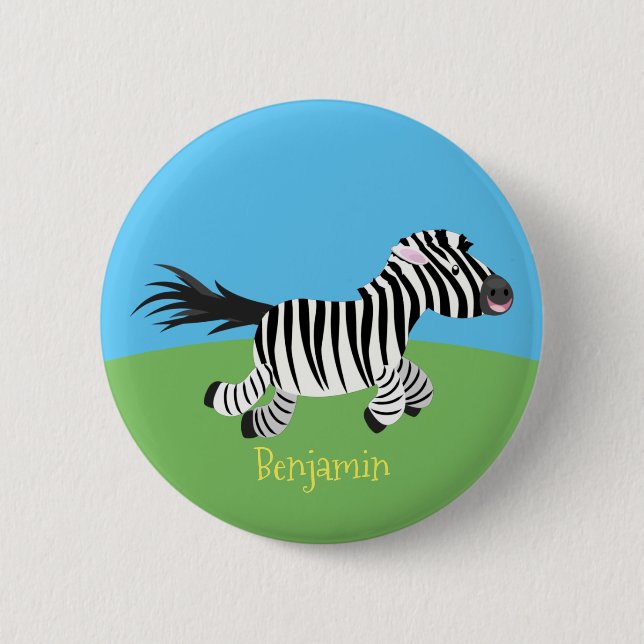 Cute funny zebra running cartoon illustration 6 cm round badge (Front)