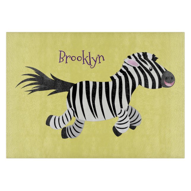 Cute funny zebra running cartoon illustration cutting board (Front)