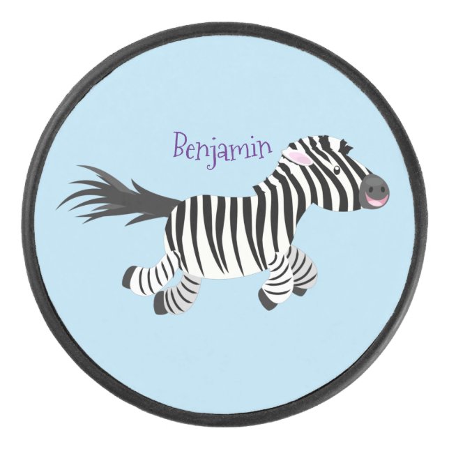 Cute funny zebra running cartoon illustration hockey puck (Front)