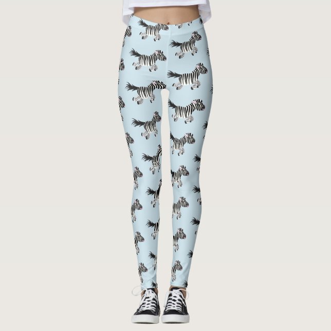 Cute funny zebra running cartoon illustration leggings (Front)