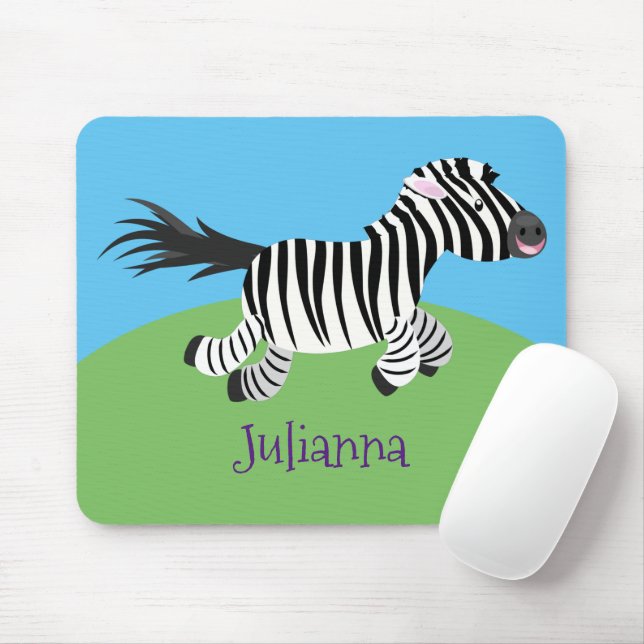 Cute funny zebra running cartoon illustration mouse pad (With Mouse)