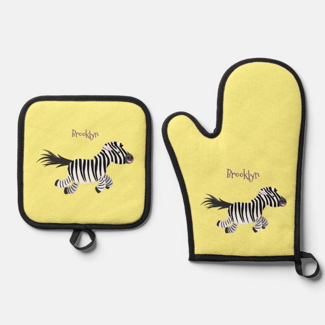Cute funny zebra running cartoon illustration oven mitt & pot holder set (Front)