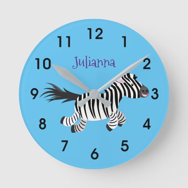 Cute funny zebra running cartoon illustration round clock (Front)