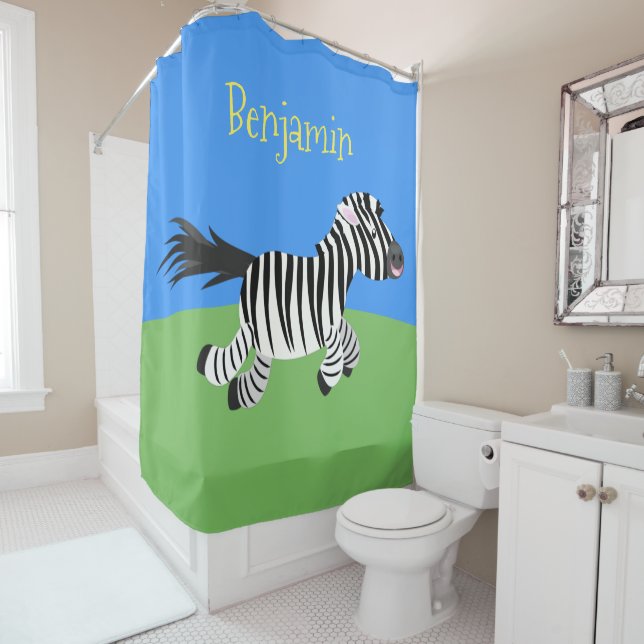 Cute funny zebra running cartoon illustration shower curtain (In Situ)