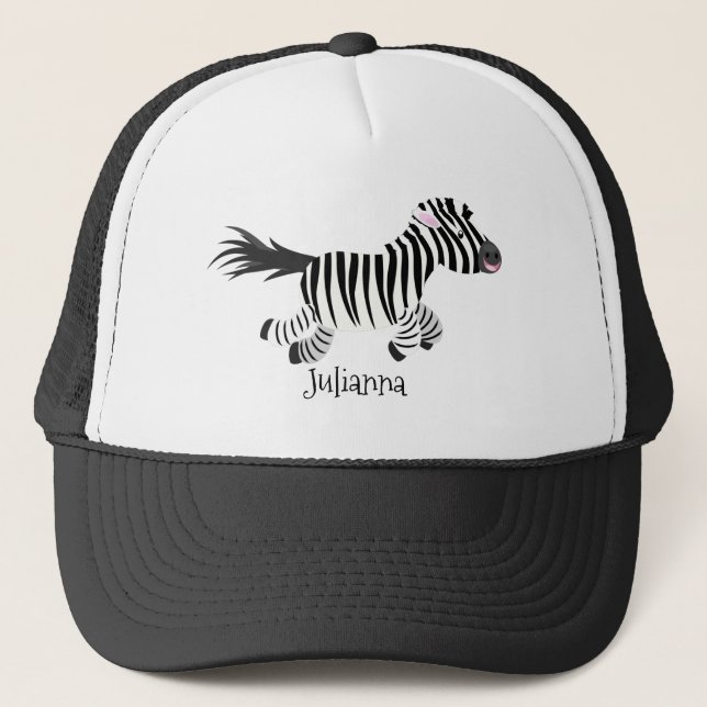 Cute funny zebra running cartoon illustration trucker hat (Front)