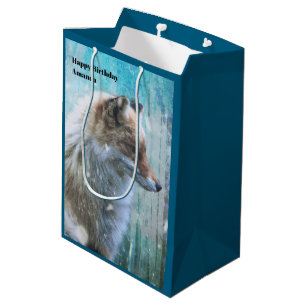 Cute Furry Fox on Blue Grunge Background Birthday Medium Gift Bag